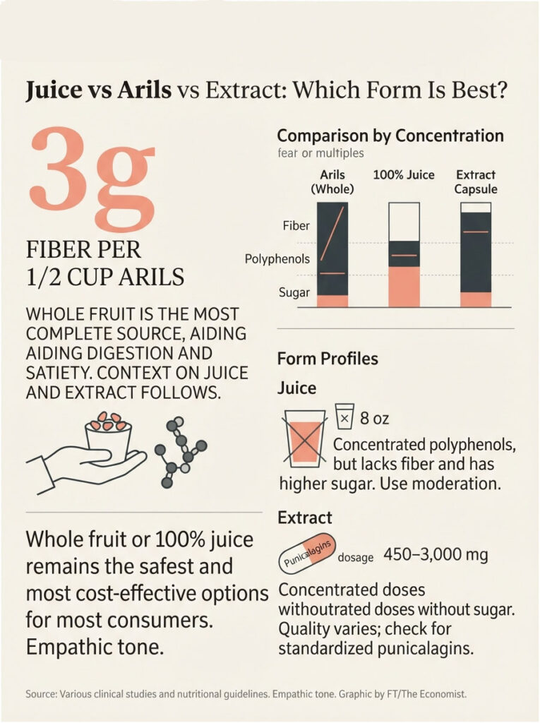 Infographic comparing juice, arils, and extract with fiber, polyphenols, and sugar data visualizations.