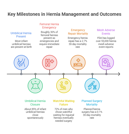 Infographic showing key milestones in hernia management, including statistics on various hernia types and outcomes.