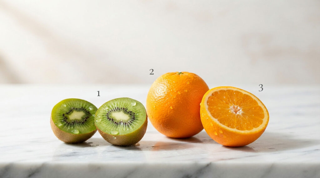 A sliced kiwi and two oranges on a marble surface, showcasing vibrant colors and water droplets.