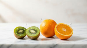 A sliced kiwi and two oranges on a marble surface, showcasing vibrant colors and water droplets.