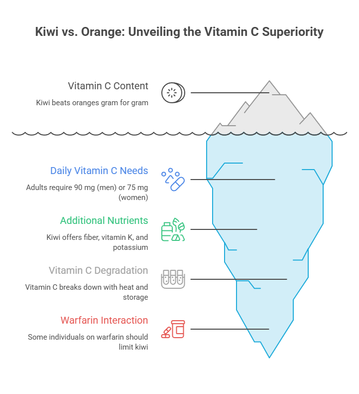 Infographic comparing vitamin C content in kiwi and orange, highlighting daily needs, nutrients, degradation, and warfarin interaction.