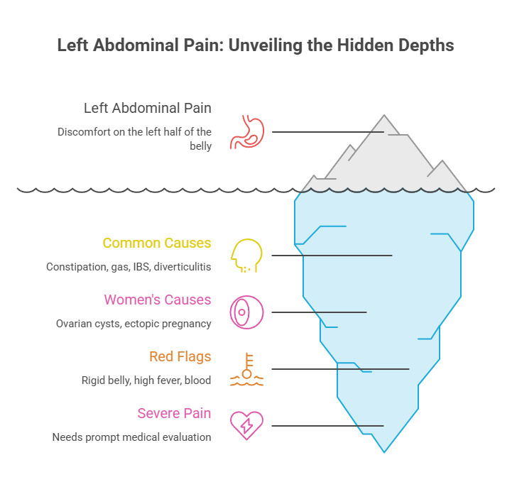 Infographic illustrating left abdominal pain causes and symptoms, including common and severe pain indicators.