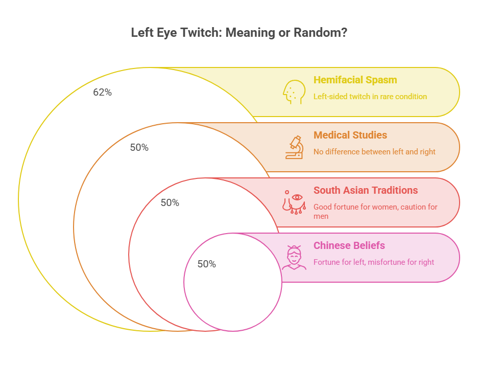 Infographic showing left eye twitch meanings with four categories and percentages: Hemifacial Spasm 62%, Medical Studies 50%, South Asian Traditions 50%, Chinese Beliefs 50%.