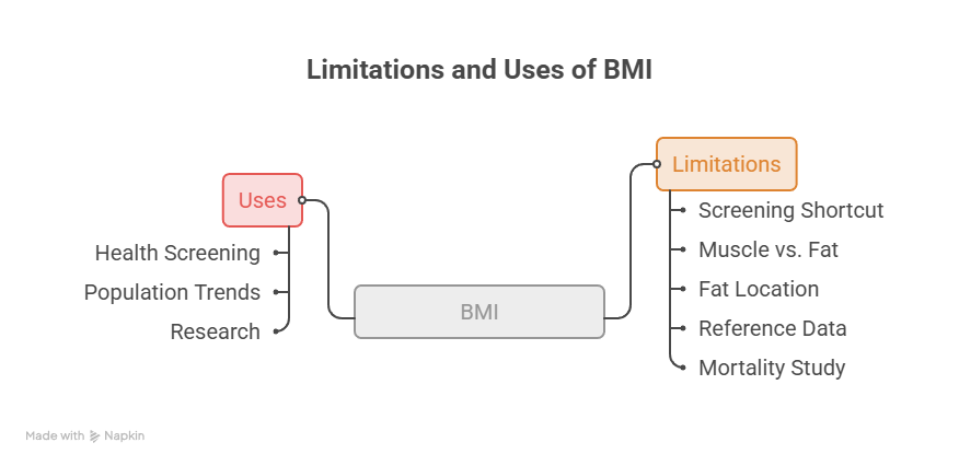 Infographic showing limitations and uses of BMI with text for health screening, population trends, and research.