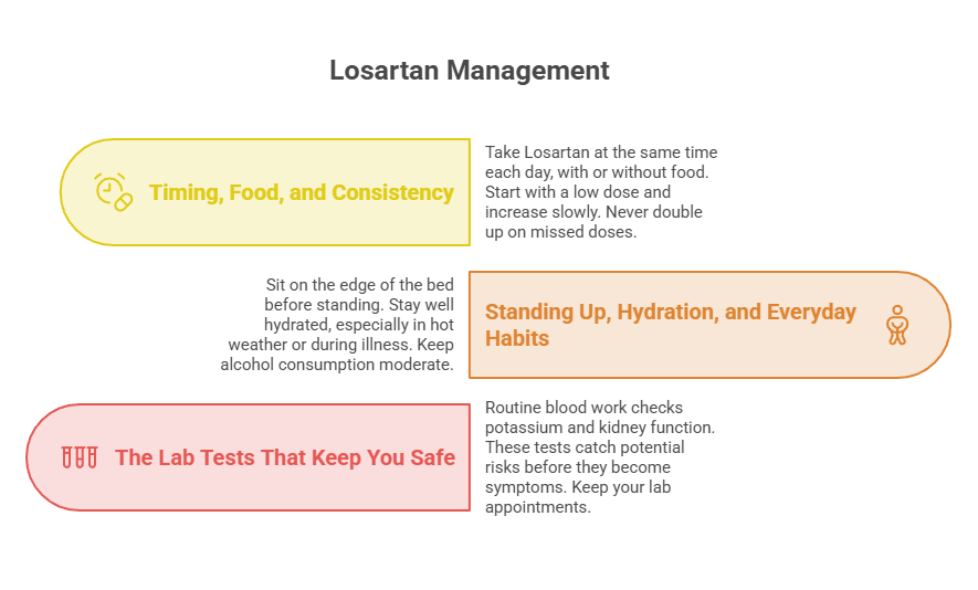 Infographic on Losartan management with sections on timing, hydration, and lab tests for safety.