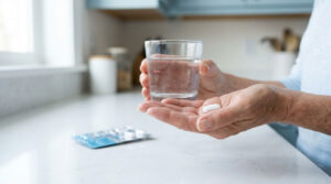 An elderly person holds a glass of water and a white pill in their hands on a kitchen countertop.