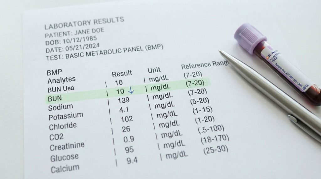 Laboratory results showing a basic metabolic panel with highlighted BUN value and a blood sample tube beside it.