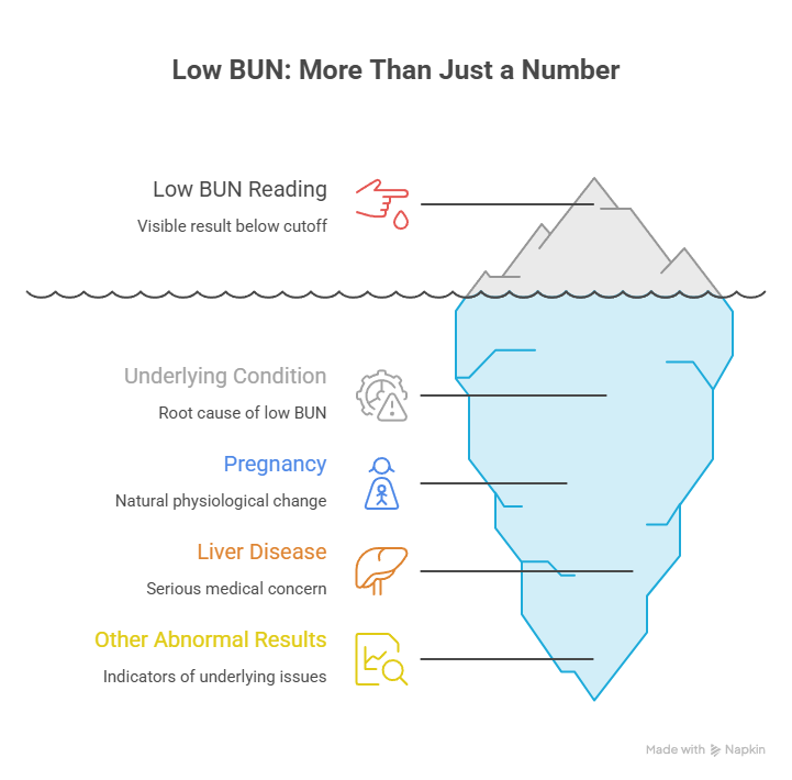 Infographic illustrating low BUN levels with causes like pregnancy and liver disease, showing an iceberg metaphor.