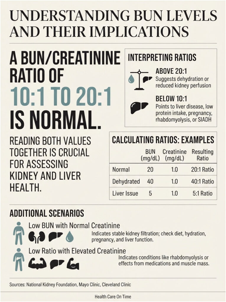 Infographic explaining BUN/Creatinine ratios, normal values, and implications for kidney and liver health.