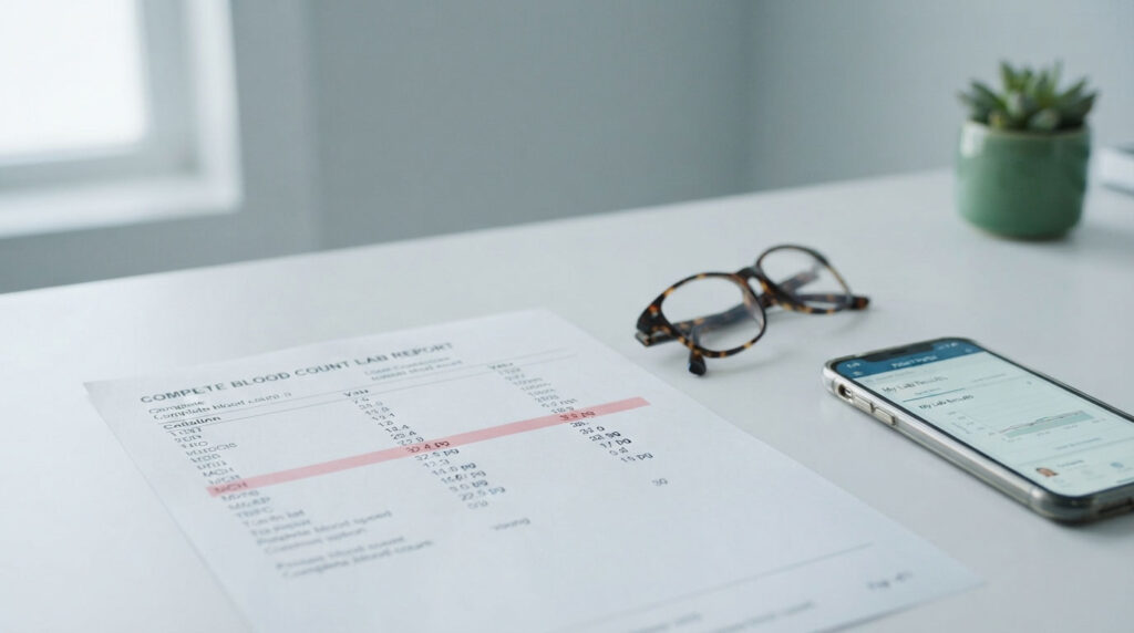 A blood lab report lies on a table next to glasses and a smartphone displaying lab results.