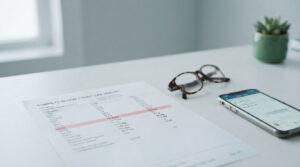 A blood lab report lies on a table next to glasses and a smartphone displaying lab results.