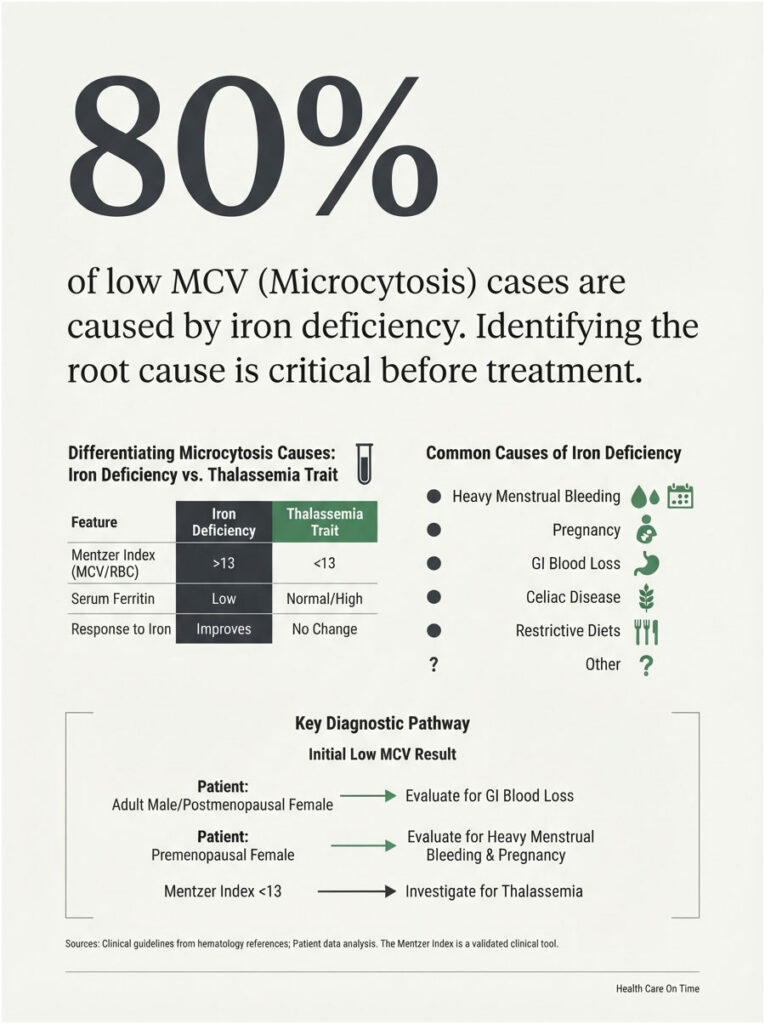 Infographic showing causes of low MCV, differentiating iron deficiency from thalassemia trait, and diagnostic pathways.