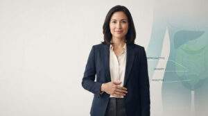 A woman in a dark suit stands with her hand on her stomach, with anatomical labels for reproductive, urinary, and digestive systems.