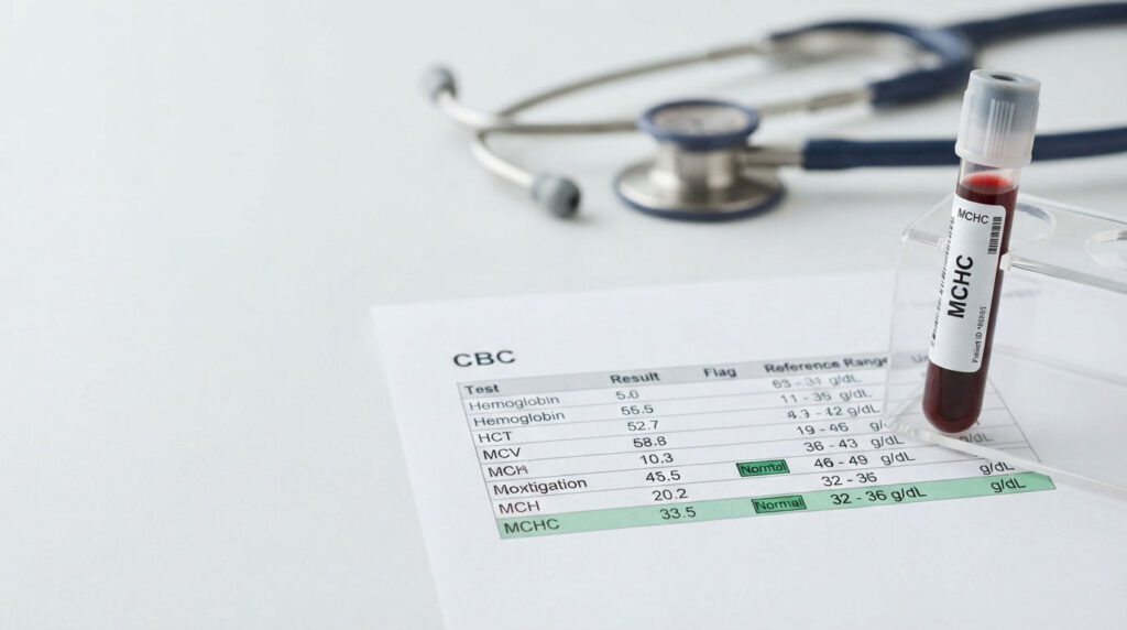 A blood test result sheet with a test tube labeled MCHC and a stethoscope in the background.