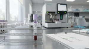 A blood sample in a purple-capped tube sits on a lab rack in a modern laboratory setting.