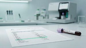 A hematology analysis report on a lab table beside a blood sample in a tube with a purple cap.