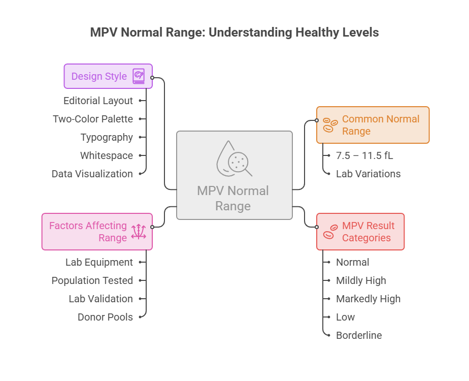 Infographic explaining MPV normal range with design style, common normal range, and factors affecting range.