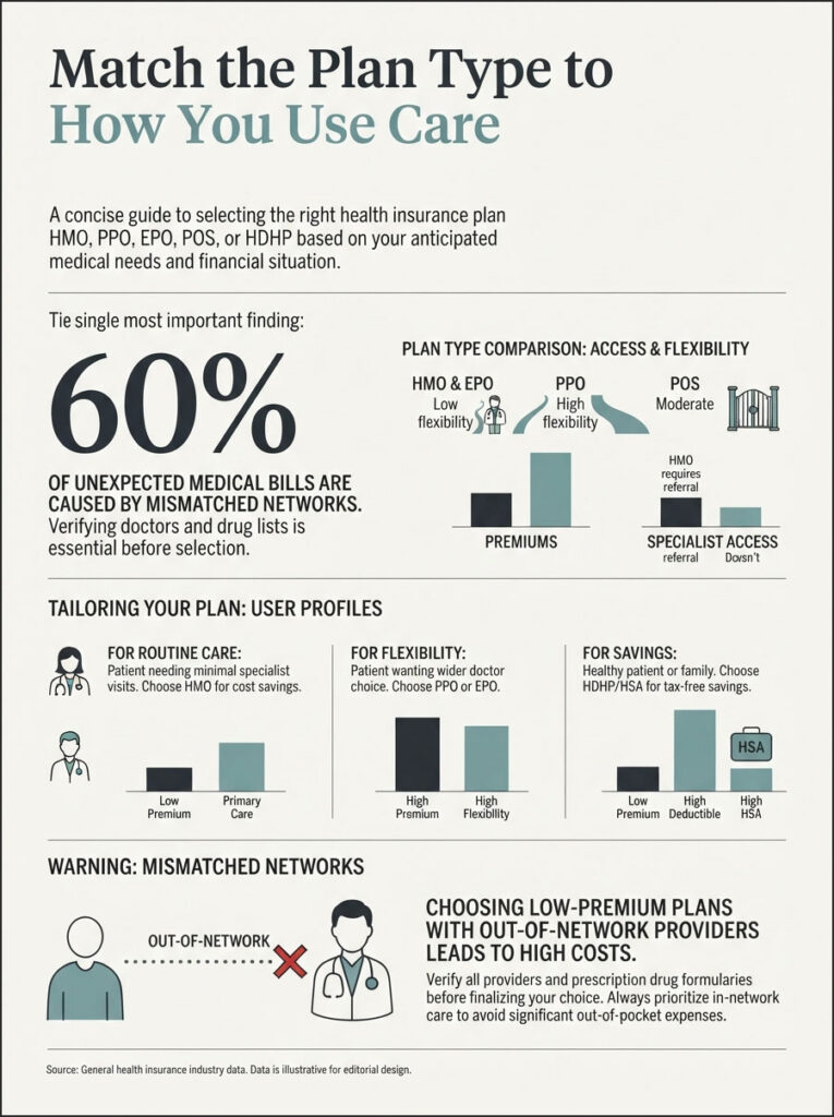Infographic comparing health insurance plan types, highlighting 60% of unexpected bills from mismatched networks.