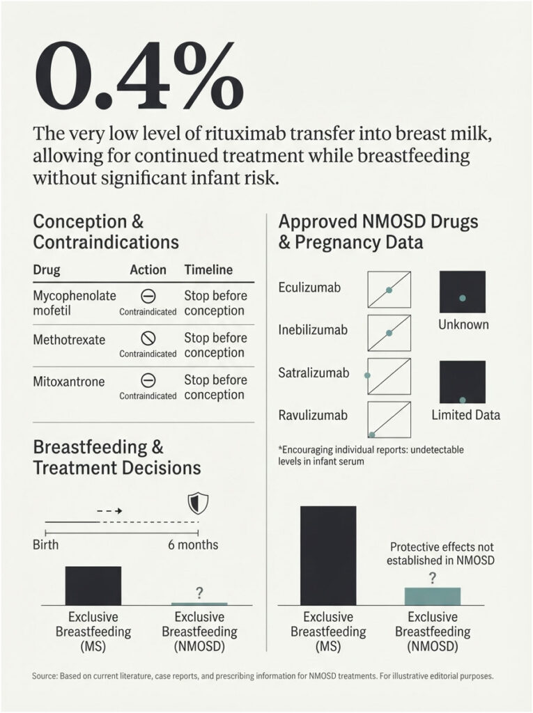 Infographic showing drug transfer levels in breastfeeding, including statistics and contraindications for NMOSD treatments.