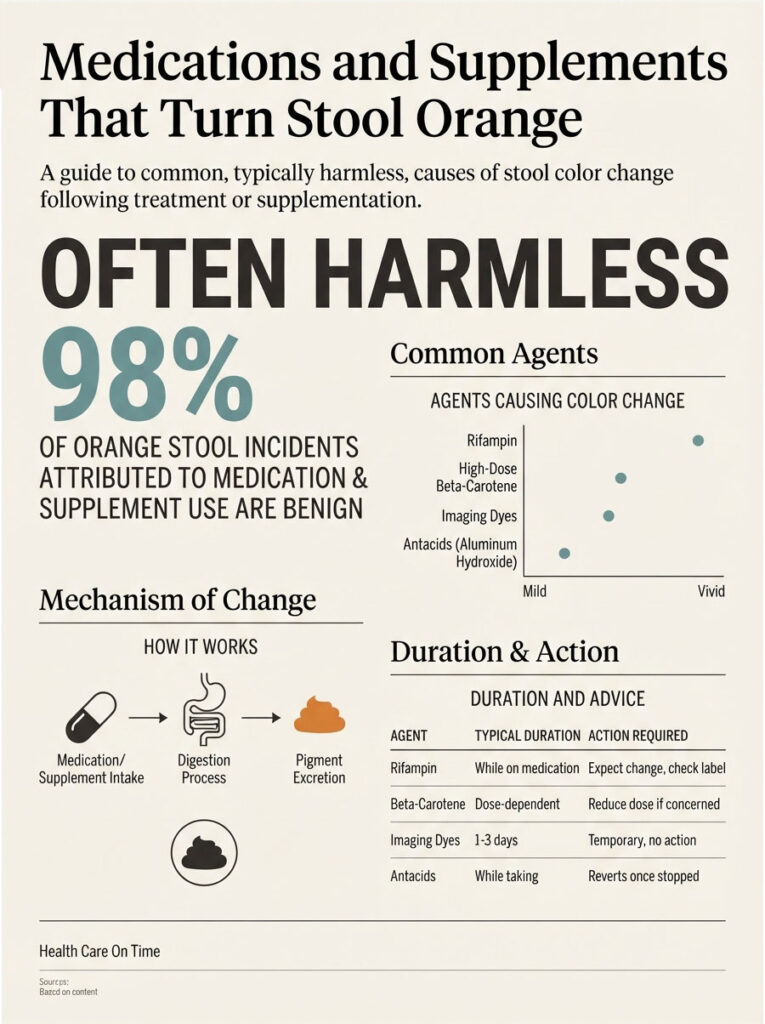 Infographic explaining medications and supplements that cause orange stool, including statistics and common agents.