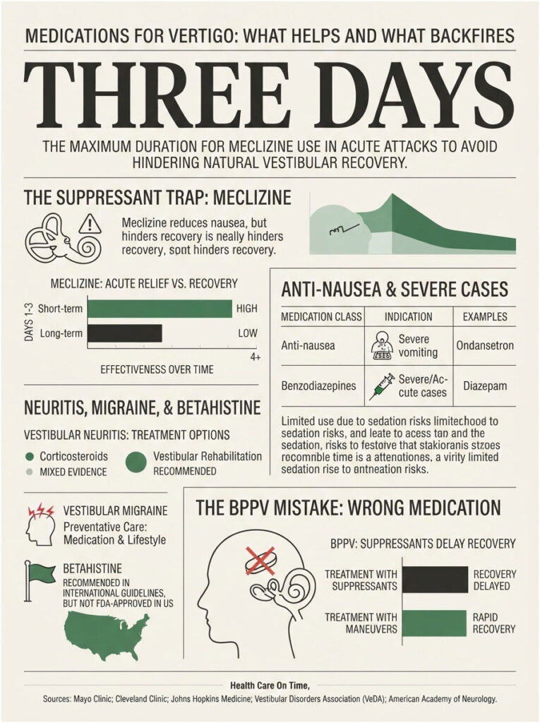 Infographic on medications for vertigo, highlighting Meclizine, treatment options, and recovery timelines.