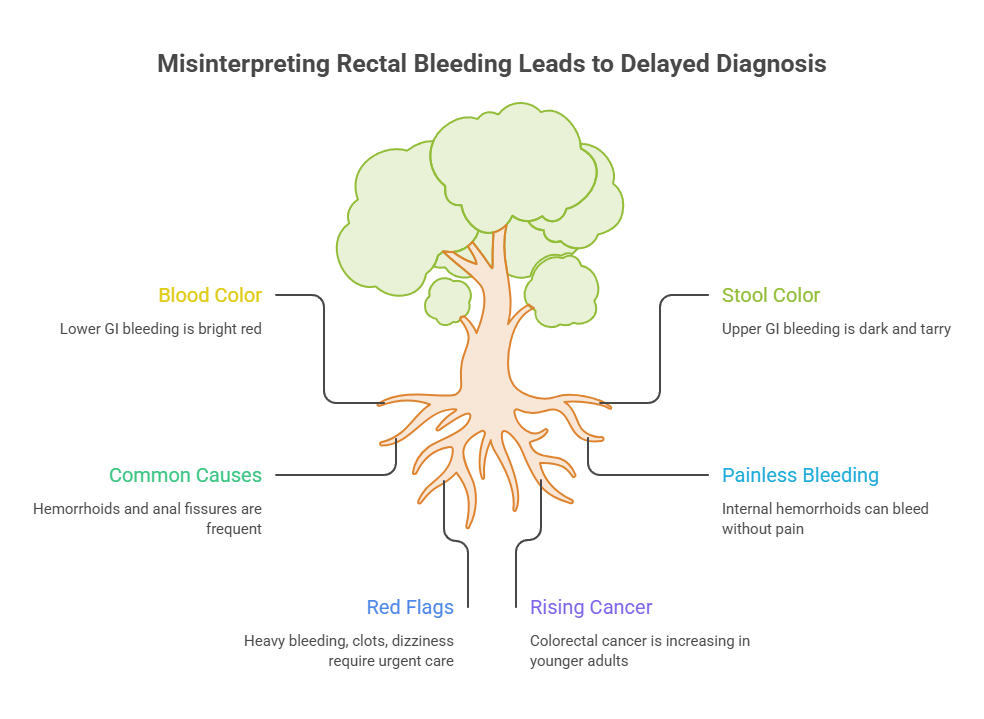 Infographic illustrating misinterpretation of rectal bleeding causes and symptoms, including blood color and common causes.