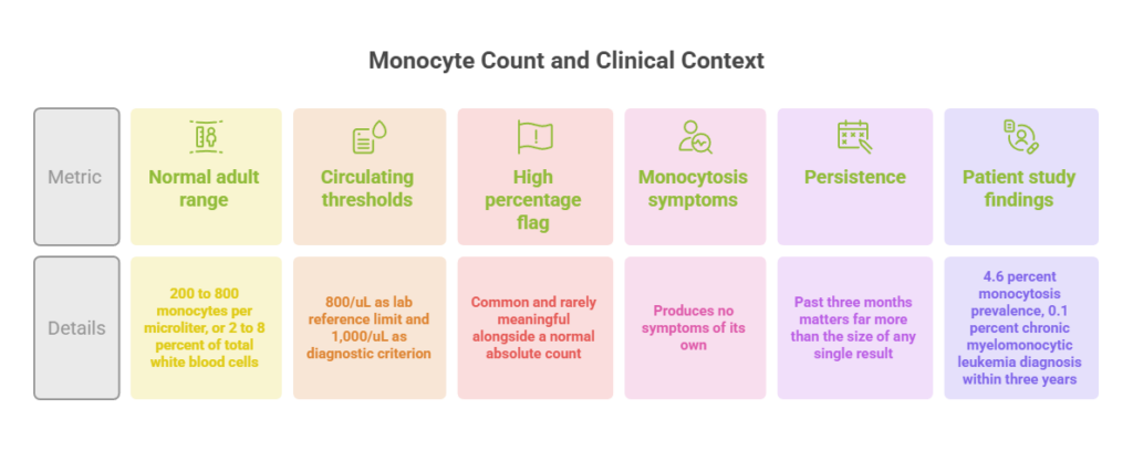 Infographic showing monocyte count metrics, including normal range, thresholds, symptoms, persistence, and patient findings.