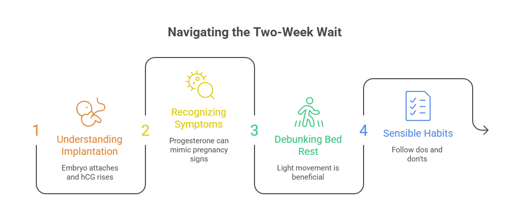 Infographic showing four steps for navigating the two-week wait, including icons and brief descriptions for each step.