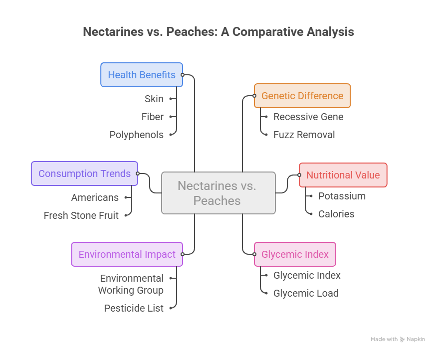 Infographic comparing nectarines and peaches, detailing health benefits, genetic differences, consumption trends, environmental impact, nutritional value, and glycemic index.