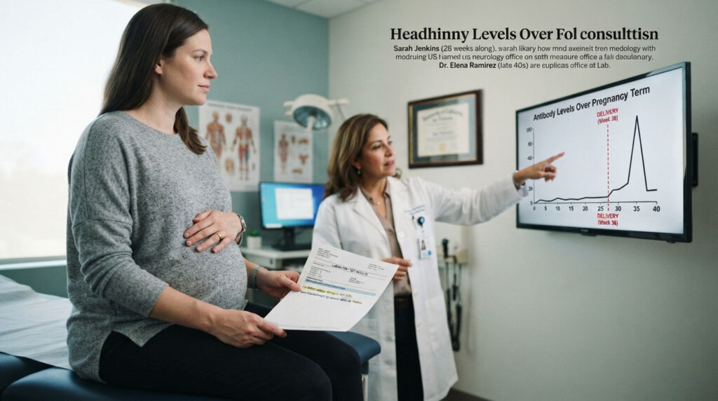 Pregnant woman listens to doctor explaining antibody levels on a screen in a medical office.