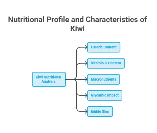 Infographic showing nutritional profile and characteristics of kiwi, including caloric content and vitamin C content.