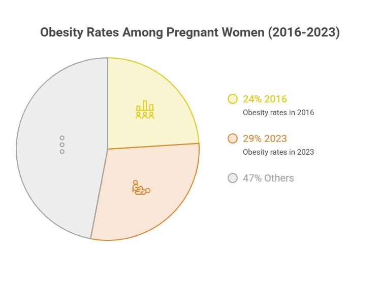 Pie chart showing obesity rates among pregnant women from 2016 to 2023 with labeled percentages. Infographic.