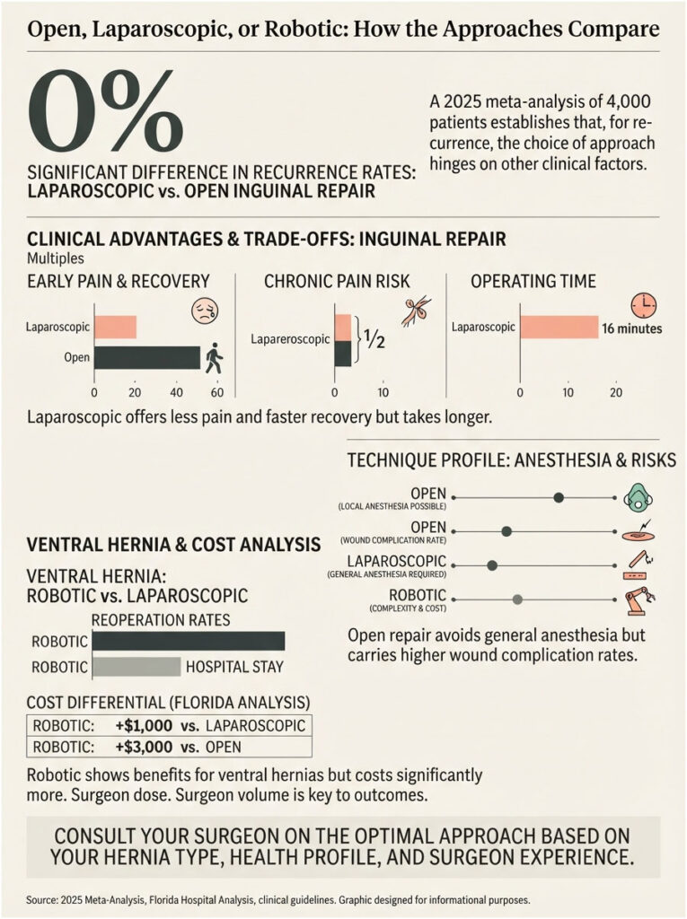 Infographic comparing open, laparoscopic, and robotic inguinal repair techniques with statistics and charts.