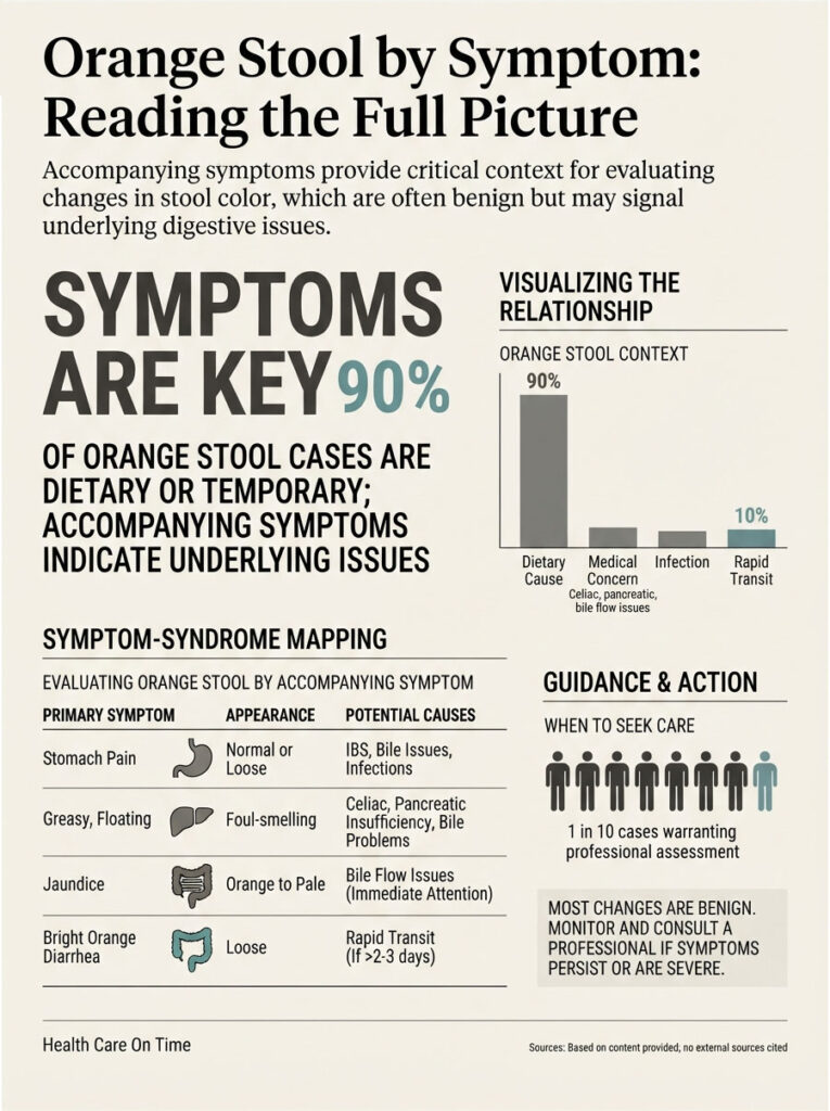 Infographic explaining orange stool causes, symptoms, and guidance for seeking care with charts and icons.