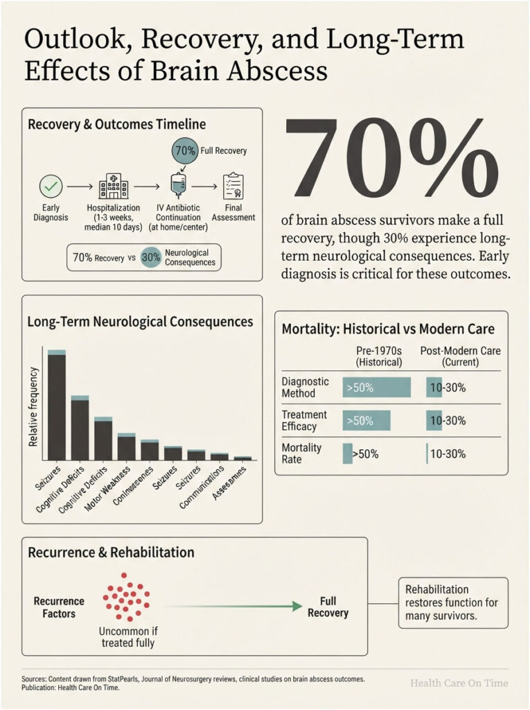 Infographic showing brain abscess recovery statistics, neurological consequences, and historical vs modern care data.