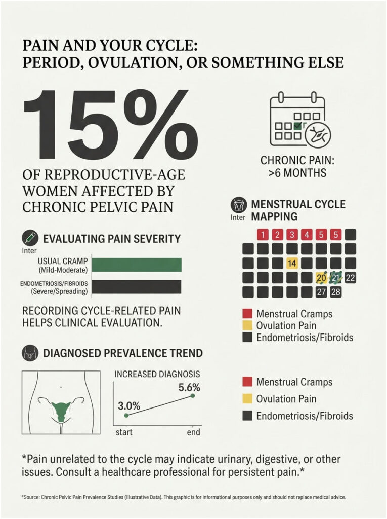 Infographic showing 15% of reproductive-age women with chronic pelvic pain, pain severity evaluation, and menstrual cycle mapping.