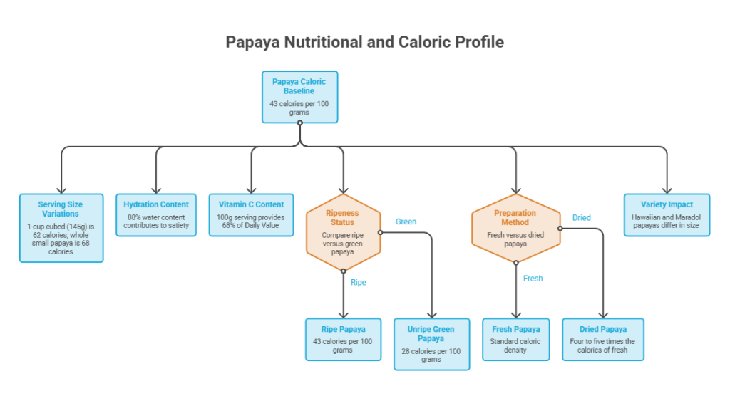Infographic showing papaya nutritional profile with caloric baseline, hydration content, and preparation methods.
