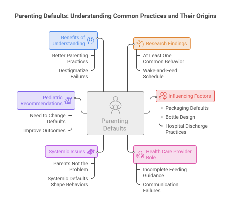 Infographic on parenting defaults with sections on benefits, research findings, and pediatric recommendations.