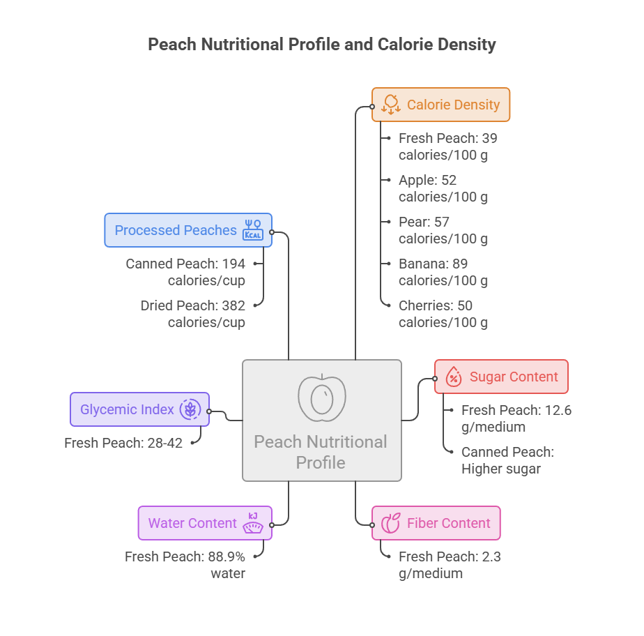 Infographic showing peach nutritional profile, calorie density, and water content with data on fresh and processed peaches.