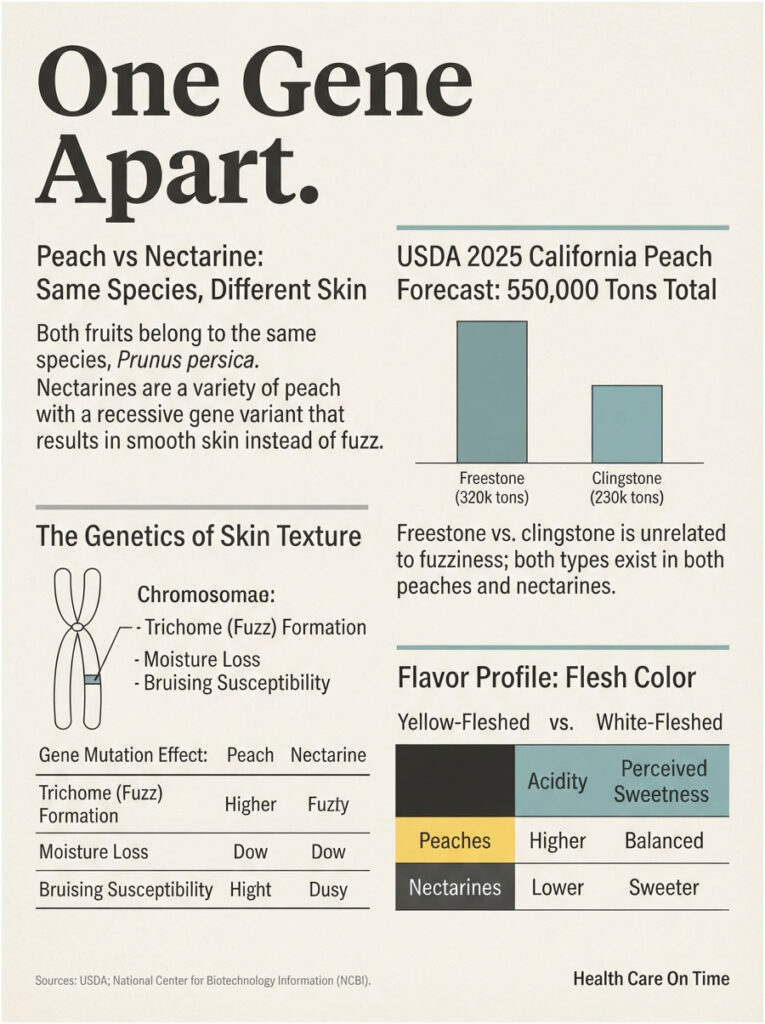 Infographic comparing peaches and nectarines, highlighting genetics, USDA forecast, and flavor profiles.