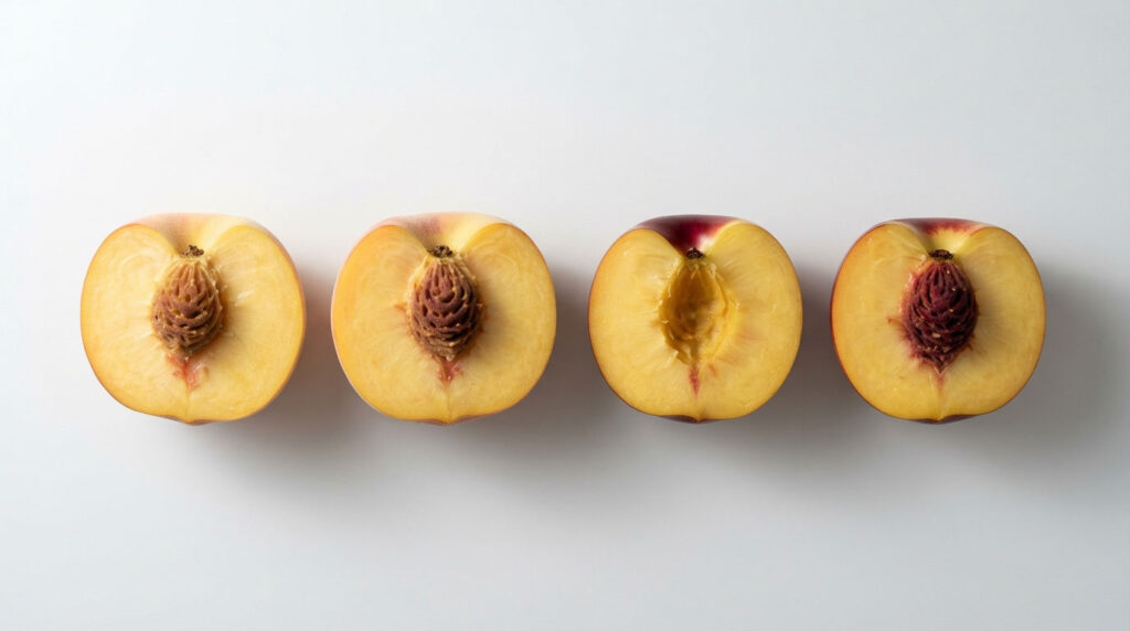 Four halved peaches display their yellow flesh and pits on a white background.