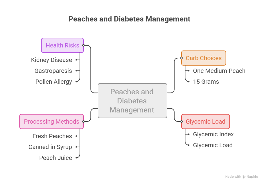 Infographic illustrating peaches and diabetes management, detailing health risks, carb choices, and processing methods.