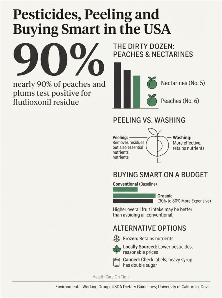 Infographic showing pesticide residue in peaches, washing vs. peeling, and budget-friendly buying tips.