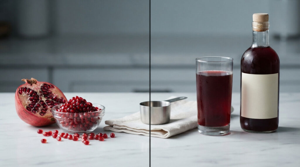A split image showing a pomegranate, seeds in a bowl, and a glass of juice beside a bottle on a marble surface.