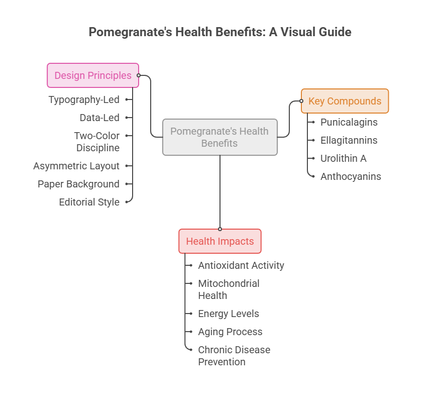 Infographic illustrating pomegranate's health benefits, including key compounds and health impacts with design principles.