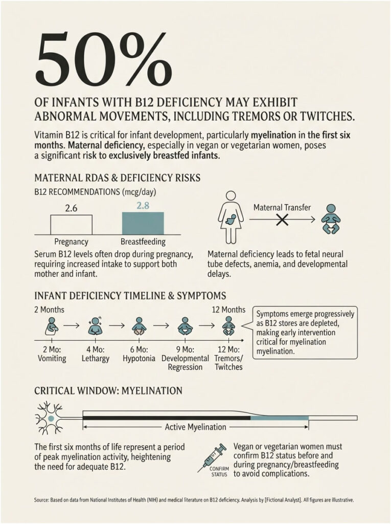 Infographic showing B12 deficiency risks in infants, symptoms timeline, and maternal recommendations for breastfeeding.