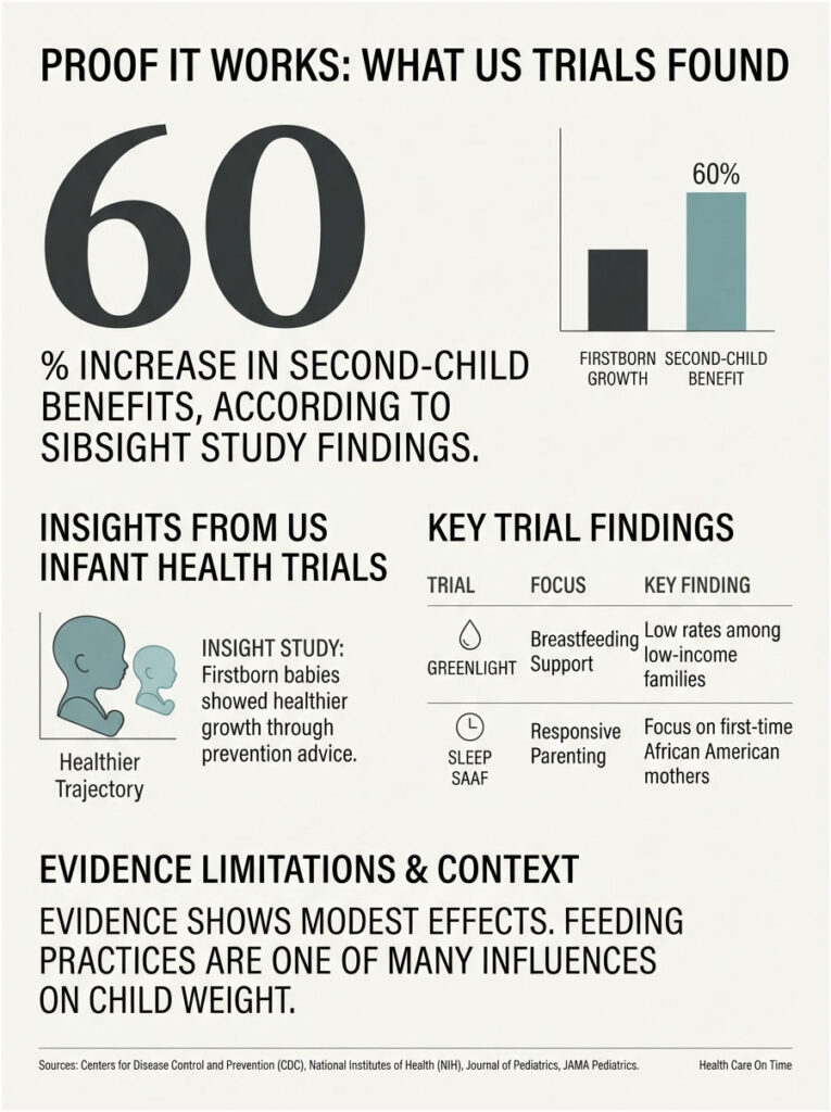 Infographic showing 60% increase in second-child benefits, insights from US infant health trials, and key findings.