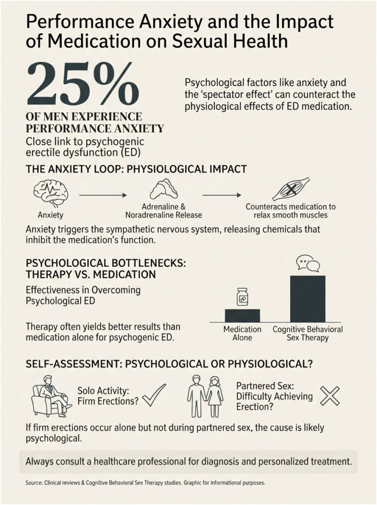 Infographic showing 25% of men experience performance anxiety linked to erectile dysfunction, with therapy vs. medication data.