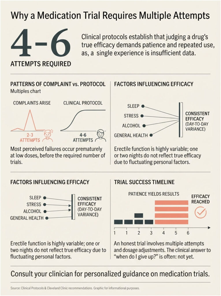 Infographic showing medication trial requirements, including attempts, factors influencing efficacy, and success timeline.
