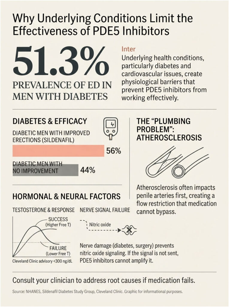 Infographic showing 51.3% prevalence of ED in men with diabetes, efficacy of sildenafil, and atherosclerosis impact.